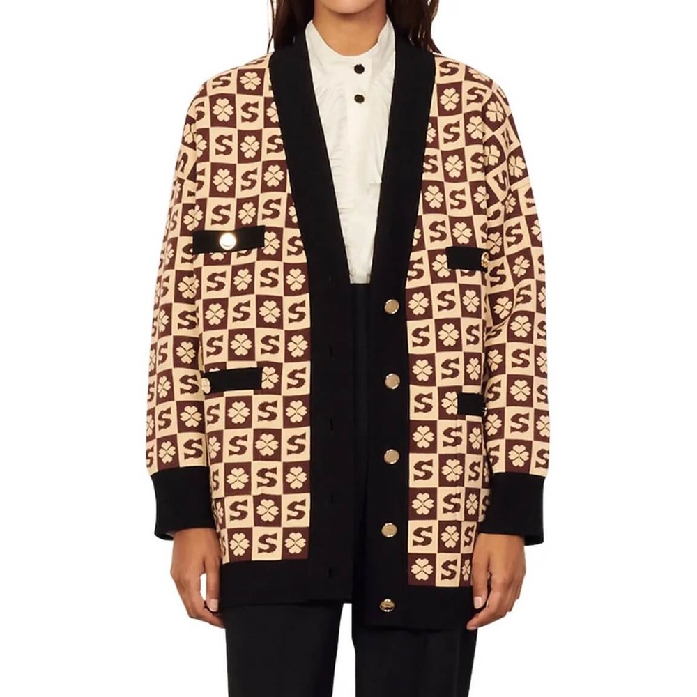 Sandro Glorius Monogram Checked Cardigan Size L